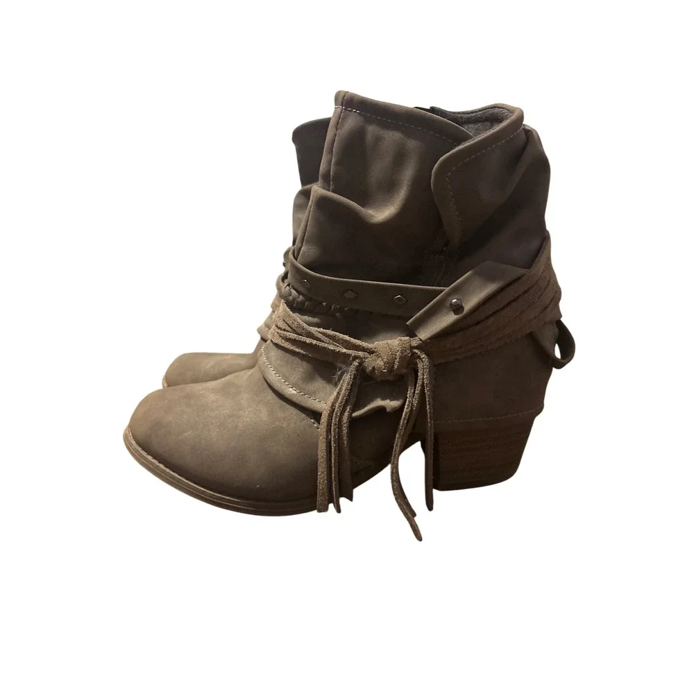 Shimmer by EDL Womens Taupe Brown Boho Slouchy Fringe Ankle Boots Size 5M
